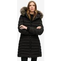 Superdry Womens Fuji Faux Fur Hooded Mid Length Puffer Jacket Taupe Quilted