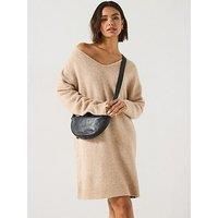 Superdry Oversized V Neck Jumper Dress - Beige