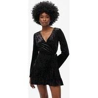 Superdry Long Sleeve Velvet Wrap Mini Dress - Black