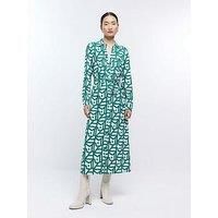 River Island Womens Midi Shirt Dress Green Geometric Belted Collared Long Sleeve