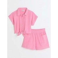 River Island Girls Textured Tie Up Top Set - Pink