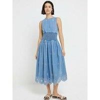 River Island Womens Skater Midi Dress Blue Denim Broderie Crew Neck Sleeveless