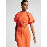 River Island Puff Detail Ruched Midi Dress - Coral