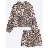 River Island Girls Leopard Hoodie And Shorts Set - Brown