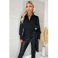 Ax Paris Black Satin Tie Waist Wrap Shirt