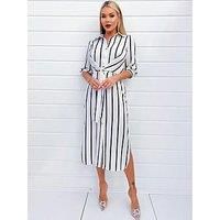 Ax Paris Striped Tie Waist Shirt Dress - Cream