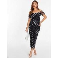 Quiz Petite Black Polka Dot Print Ruched Bardot Midaxi Dress