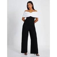 Quiz Petite Black Contrast Bardot Palazzo Jumpsuit