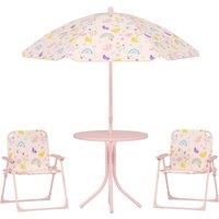 AIYAPLAY 4 Pieces Kids Garden Table and Chair Set with Adjustable Parasol, Folding Chairs, Table, Rainbow Pattern, Pink