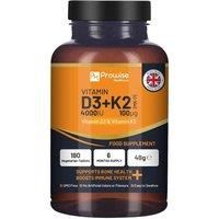 Vitamin D3 4000IU & K2 MK7 100µg Vegetarian Tablets I 180 ( 6 Months Supply) I Easy to Swallow Supplement for Immune Support, Calcium Boost, Bone & Muscle I Made in The UK by Prowise Healthcare