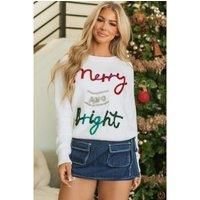 White Tinsel Merry and Bright Graphic Christmas Sweater  -  Sweaters -Size XL