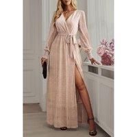 Apricot Glittering Lantern Sleeve Surplice Neck Belted Split Evening Dress