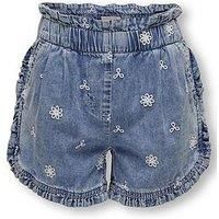 Only Kids Girls Flower Embroidered Chambray Co-Ord Shorts - Medium Blue Denim