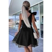 Black Bowtie One-shoulder Tulle Overlay Skater Dress  -  Mini -Size M