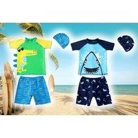 Kids' 3-Piece Matching Swim Top, Shorts & Cap - Shark Or Dinosaur! - Green