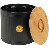 Homiu Bread Bin with Bamboo Lid, Black and Wooden Bread Box Round, Kitchen Corrosion-Resistant Carbon Steel, Lid Doubles as Cutting Board, Essential Storage Set