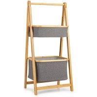 Bamboo Laundry Hamper Shelf 2-tier Laundry Toy Organizer with Solid A-shaped Frame & Linen Type Compartments