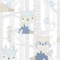 Noordwand Wallpaper Mondo baby Forest Animals White and Blue