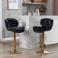 Set of 2 Adjustable Bar Stools with Rolling Edge Backrest, Electroplated Gold Legs, 66-86 cm Height, 360 Rotatable, Base 41x41 cm, Black Aosom UK