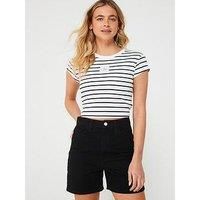 Calvin Klein Jeans Women/'s Woven Label Rib Baby TEE J20J223552 S/S T-Shirt, Ck Black/Bright White Striped, L