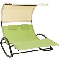 vidaXL Double Sun Lounger with Canopy - Durable Steel Frame and Breathable Textilene Fabric, Green and Cream Color - Includes Two Pillows for Extra Comfort