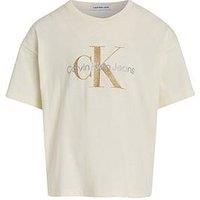 Calvin Klein Jeans Girls Glitter Monogram Boxy Short Sleeve T-Shirt - Light Cream