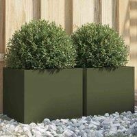 vidaXL Olive Green Cold-rolled Steel Planters - Rectangular, Sturdy Frame for Garden/Balcony/Patio, DIY Gardening Decor, Set of 2 (32x30x29 cm)