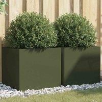 vidaXL Olive Green Planters 2-Pack - 49x47x46 cm Rectangular Cold-rolled Steel Garden Boxes for Patio, Balcony & Outdoor Décor