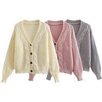 Vintage Chunky Knit Button-Front Cardigan - Grey, Pink, & White