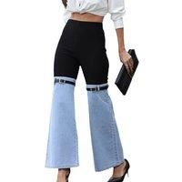 Women'S Wide Leg Denim Patchwork Pants - 4 Sizes, 2 Colours - Black