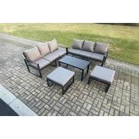 Aluminium Patio Outdoor Garden Furniture Lounge Sofa Set with Oblong Coffee Table 2 Big Footstools Dark Grey