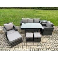 8 Pcs Rattan Outdoor Garden Furniture Set Rectangular Dining Table and Chair Sofa Set With Side Table 3 Footstools