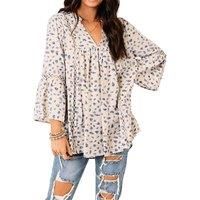 Women's Casual V-Neck 3/4 Sleeve Tops Blouse with Lace Trim Floral Print