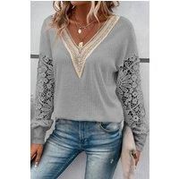 Gray Lace Splicing V Neck Puff Sleeve Top