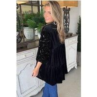 Black Sequin Puff Sleeve Buttoned Velvet Peplum Shirt