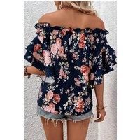 Blue Ruffle Off Shoulder Flounce Sleeve Floral Blouse